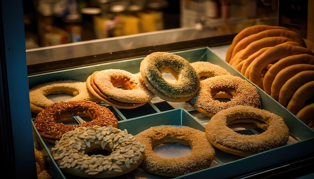 A tray of bagels with a variety of different types of bagels.