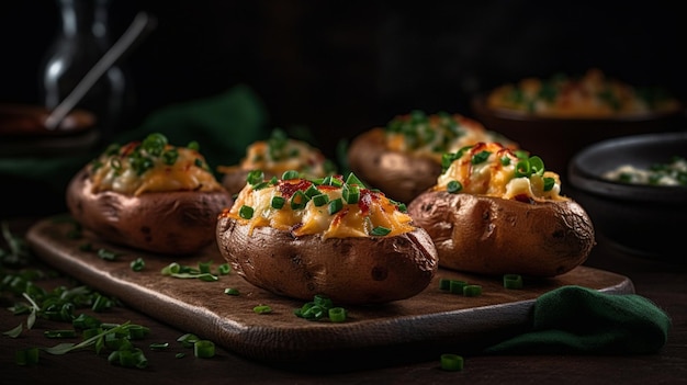 A tray of baked potatoes with bacon on top