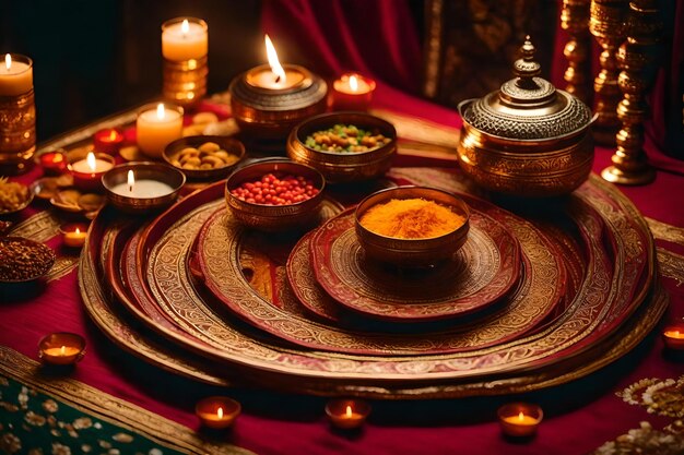 A tray of bowls of food with candles and a red cloth with the words 