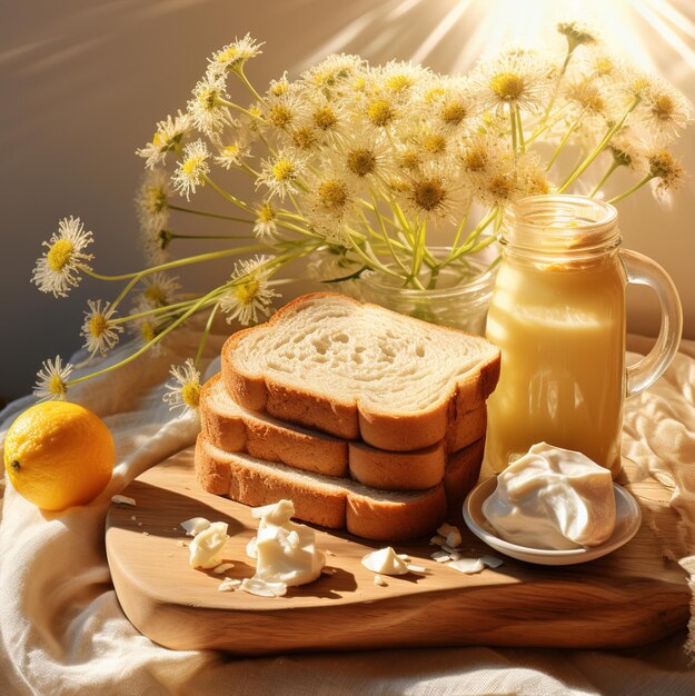 Photo a tray of bread and a jar of milk with flowers in the background.