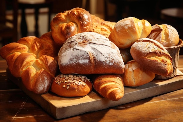 A tray of breads with bread on a wooden table