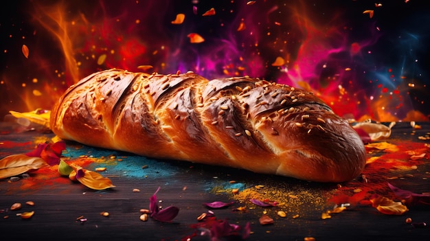 A tray of breads with wheat on the top