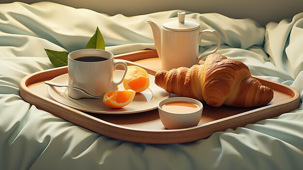 Foto un vassoio di cibo per la colazione, compreso un caffè croissant e arance