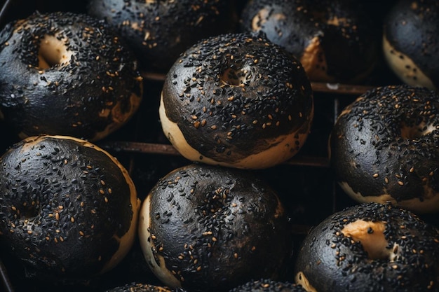 a tray of buns with sesame seeds and sesame seeds.