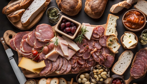 a tray of cheese meat cheese and bread