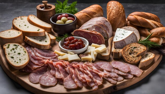 a tray of cheese meat and cheeses with a variety of different types of cheeses