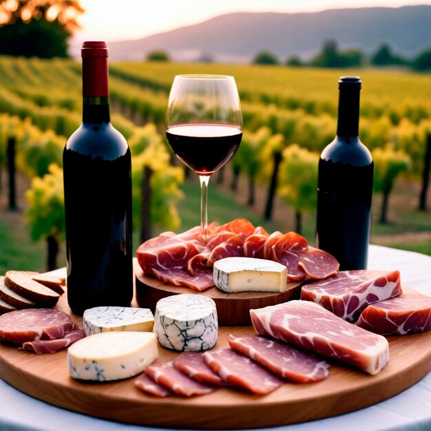 a tray of cheese and wine with wine bottles and wine bottles