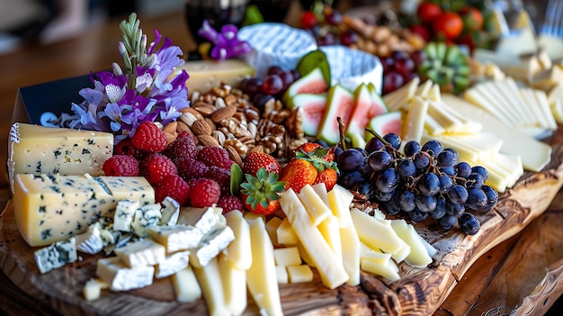 a tray of cheeses cheese and fruit on a table