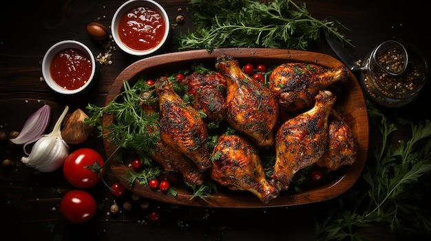 a tray of chicken wings with a bowl of ketchup and a bowl of ketchup.