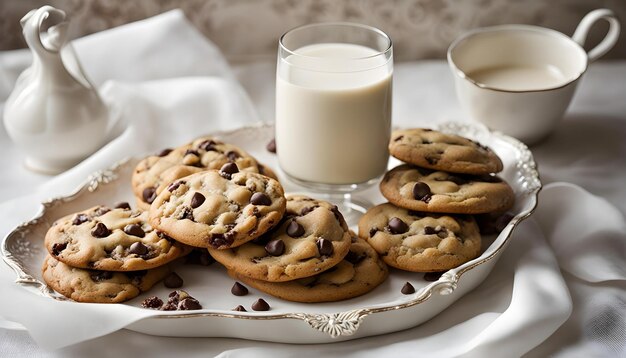 Photo a tray of chocolate chip cookies and a glass of milk