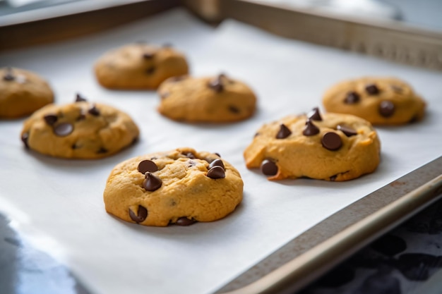 a tray of chocolate chip cookies on a table