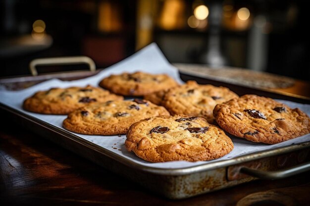 A tray of chocolate chip cookies with a pan of cookies on it.