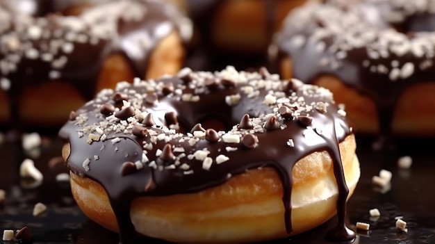 A tray of chocolate doughnuts with sprinkles on top