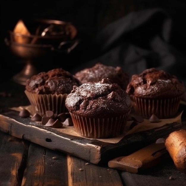 A tray of chocolate muffins with powdered sugar on top.