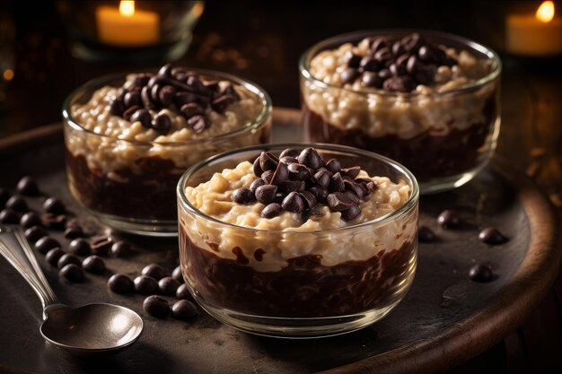 A tray of chocolate oatmeal with chocolate chips