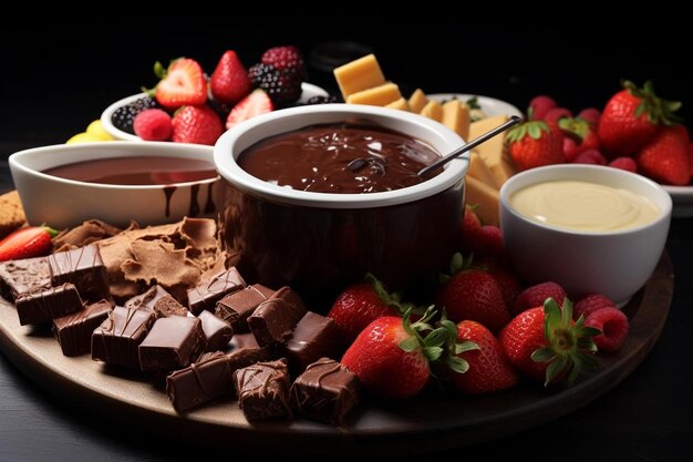 Photo a tray of chocolate and strawberries with a bowl of chocolate.