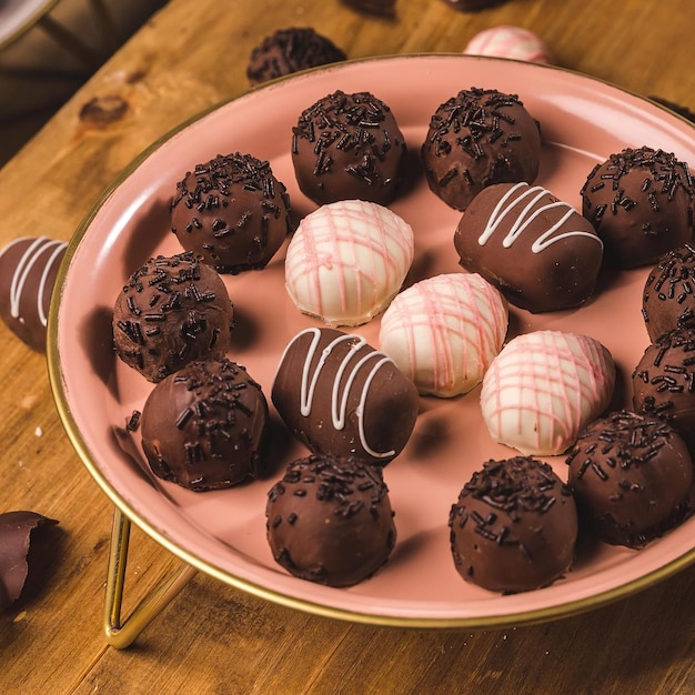 A tray of chocolate truffles with white chocolate and white chocolate hearts.