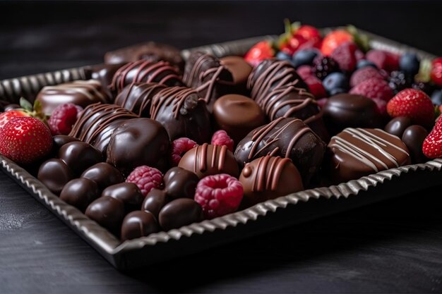 Tray of chocolatecovered nuts and berries for delicious treat created with generative ai