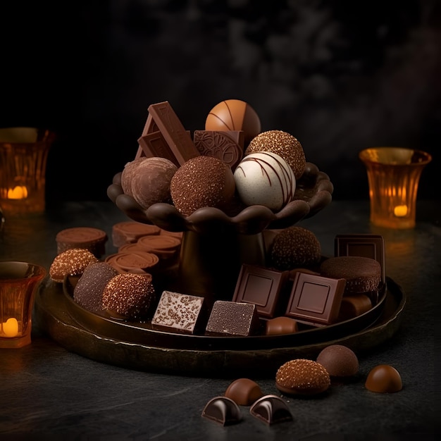 チョコレートのトレイと暗い背景のキャンドル