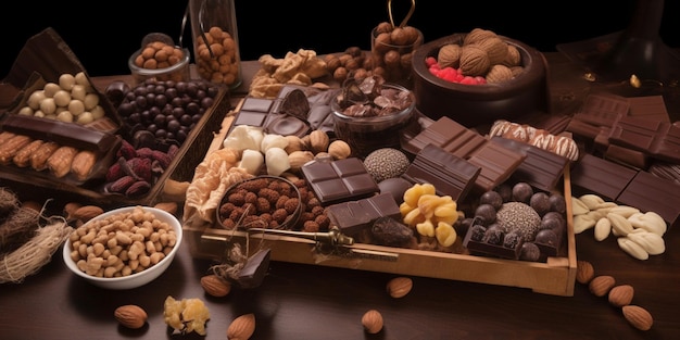 A tray of chocolates and nuts is on a table.