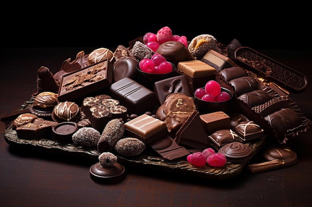 a tray of chocolates with a heart shaped decoration on the top.