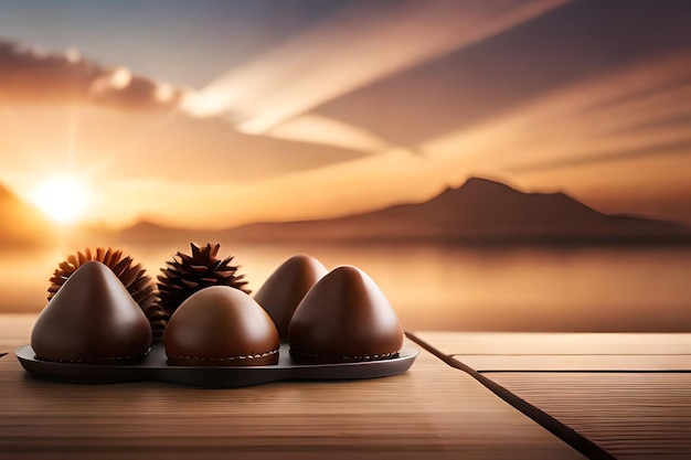 A tray of chocolates with a sunset in the background