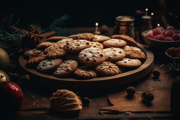 テーブルの上のクリスマス クッキーのトレイとお茶とクリスマスの飾りのボウル。