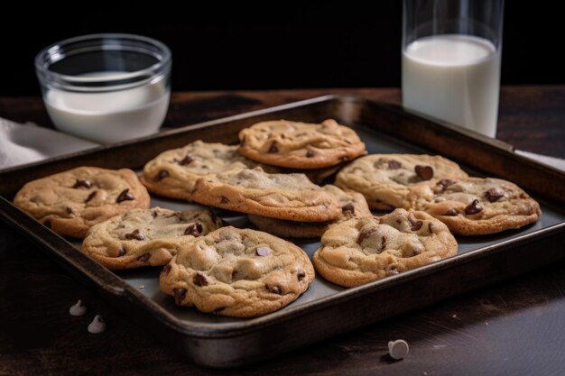 Tray of classic chocolate chip cookies with glass of milk on the side created with generative ai