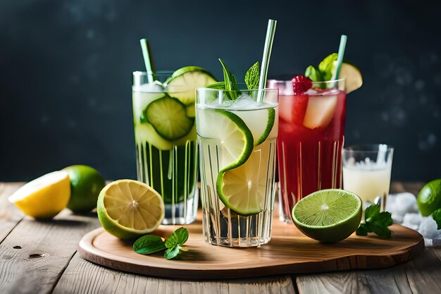 A tray of cocktails with limes, lime, and lemonade.