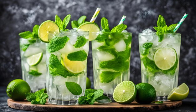 Photo a tray of cocktails with limes and limes