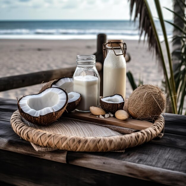 A tray of coconut milk and a bottle of coconut milk.