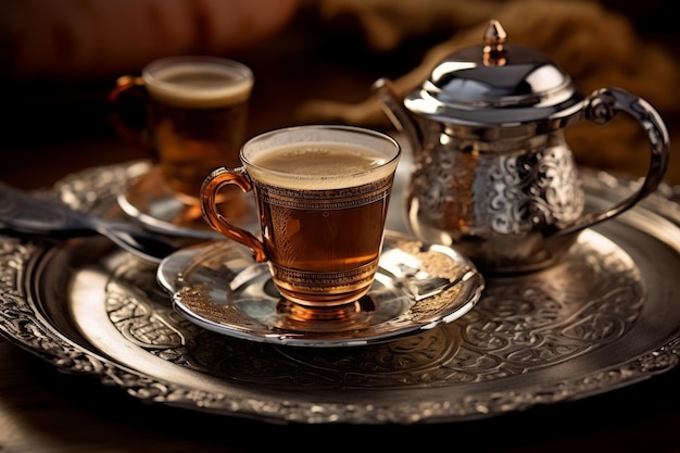 A tray of coffee and tea cups with a silver tray with a silver tray and a silver teapot on it.