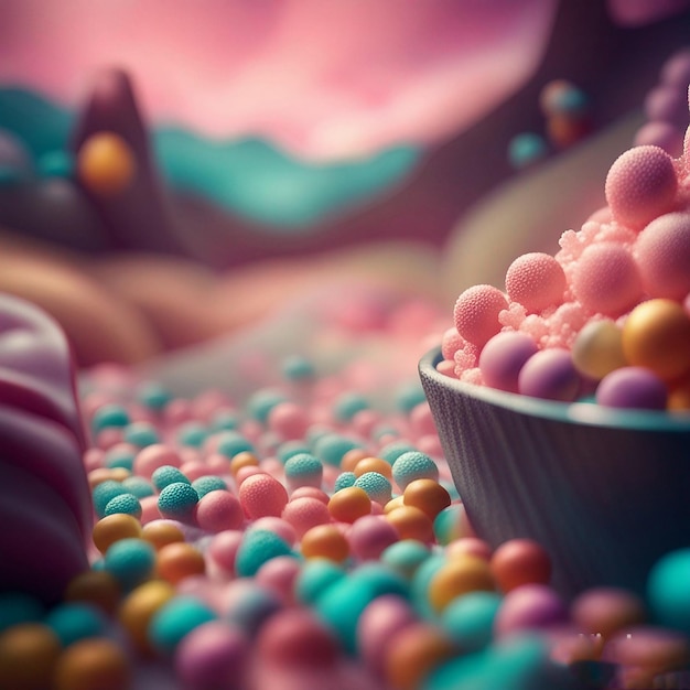 Photo a tray of colorful candy sitting next to a cup of candy.