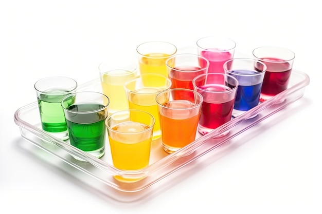 Tray of colorful cocktails on white background created with generative ai