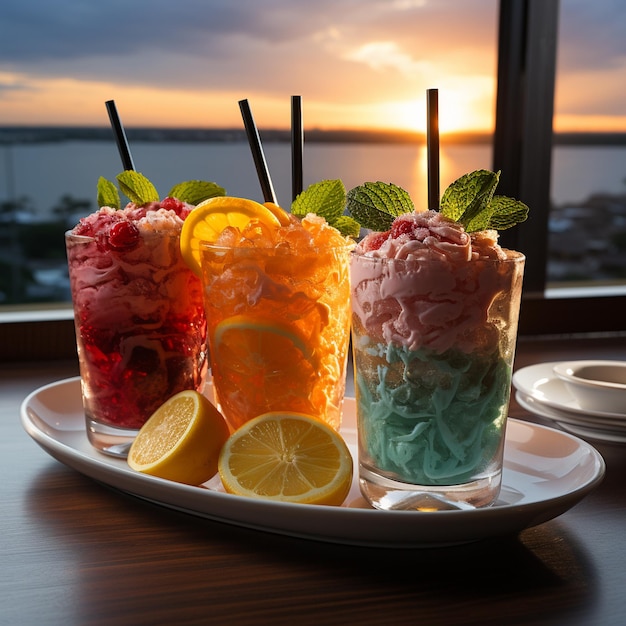 A tray of colorful drinks with ice cream and lemon wedges.