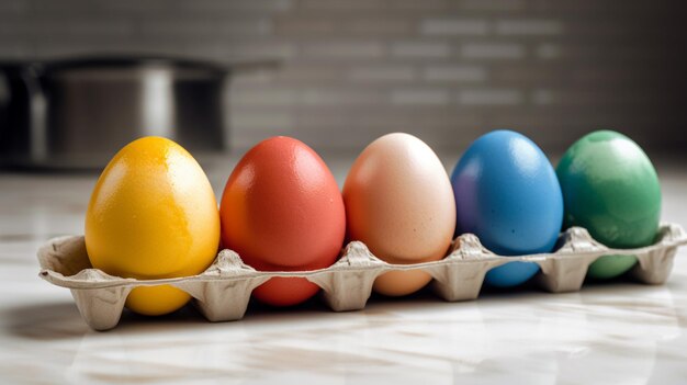 A tray of colorful easter eggs on a counter