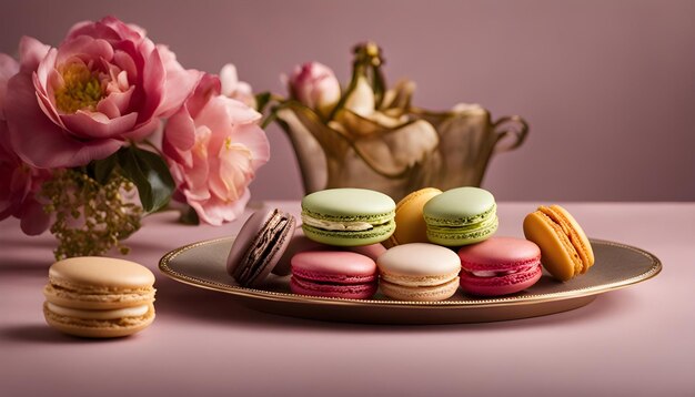 a tray of colorful macaroni and cheesecakes with flowers and a teapot