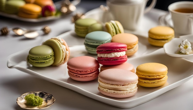 Photo a tray of colorful macaroni and cheesecakes with a white cup on top