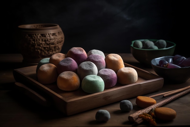 Photo a tray of colorful mochi cake