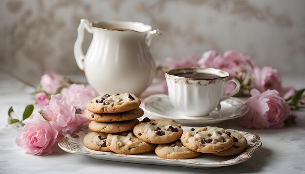 a tray of cookies and a cup of coffee on a table