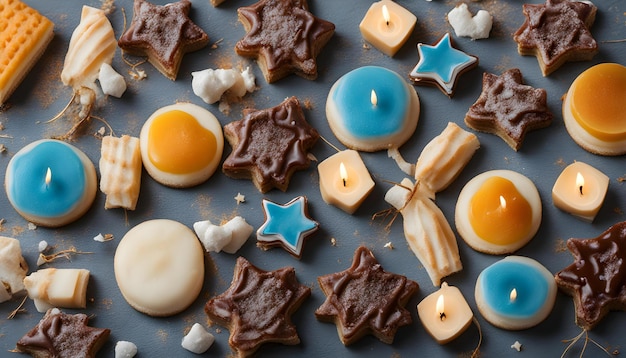 Photo a tray of cookies with a candle on it