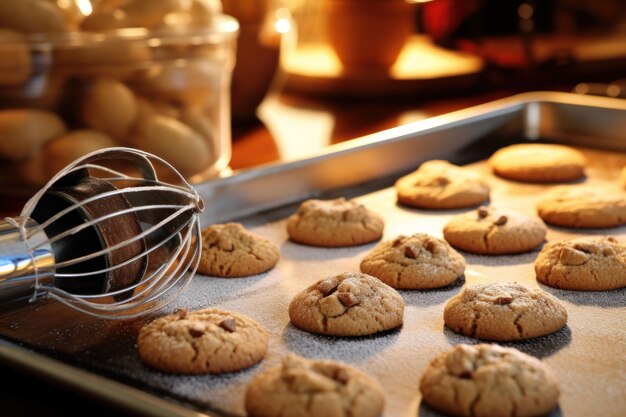 A tray of cookies with a whisk in the background