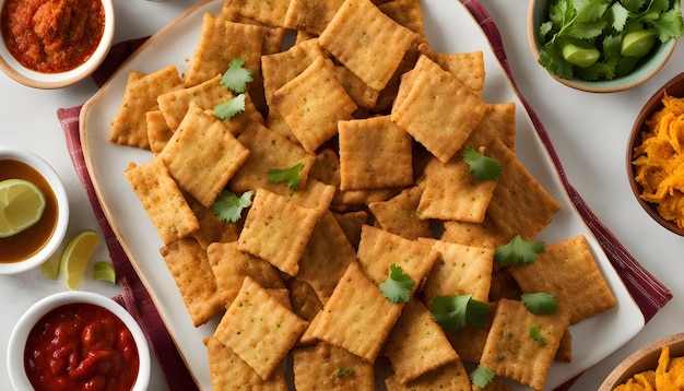 Photo a tray of crackers with a bowl of food on it