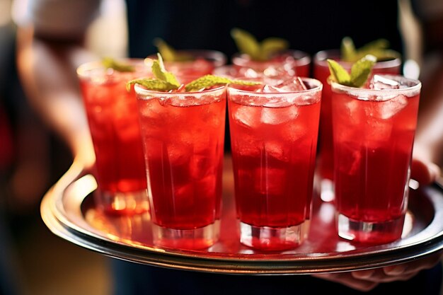 A tray of cranberry juice mocktails at a corporate event