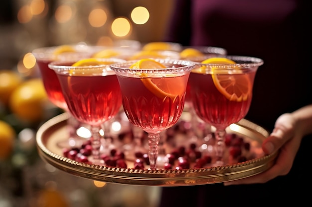 A tray of cranberry juice mocktails at a corporate event