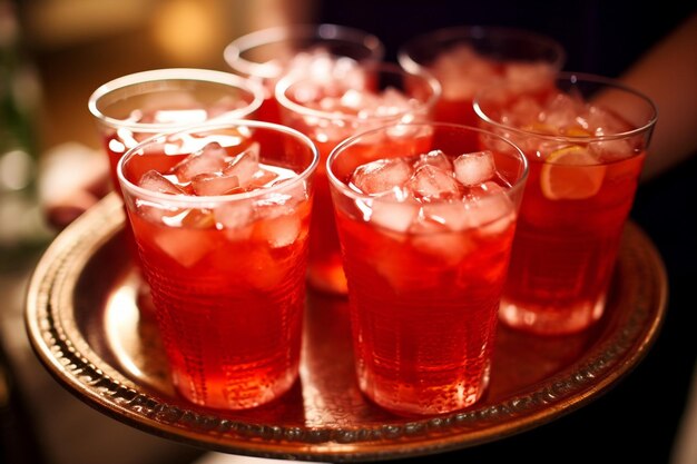 A tray of cranberry juice mocktails at a corporate event