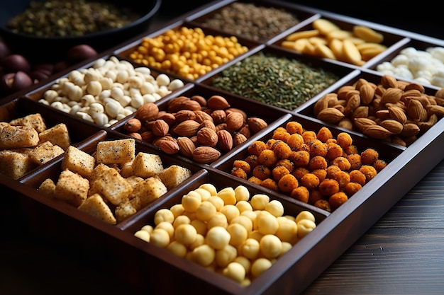 A tray of crispy chickpea snacks with various seasoning
