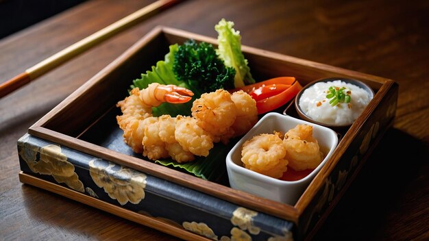 Photo a tray of crispy tempura with golden brown shrimp and vegetables