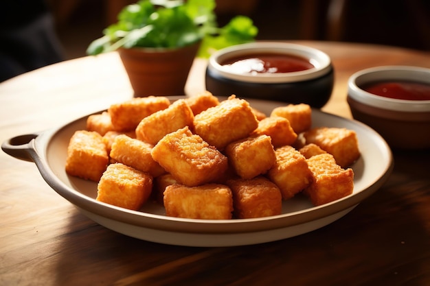 A tray of crispy tofu nuggets with a sweet and tangy dipping sauce