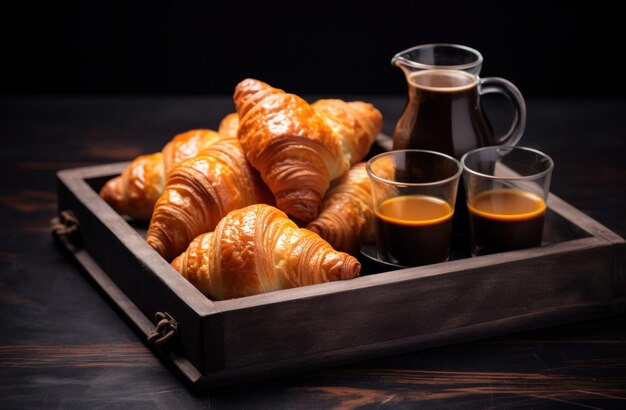 a tray of croissants coffee and orange juice